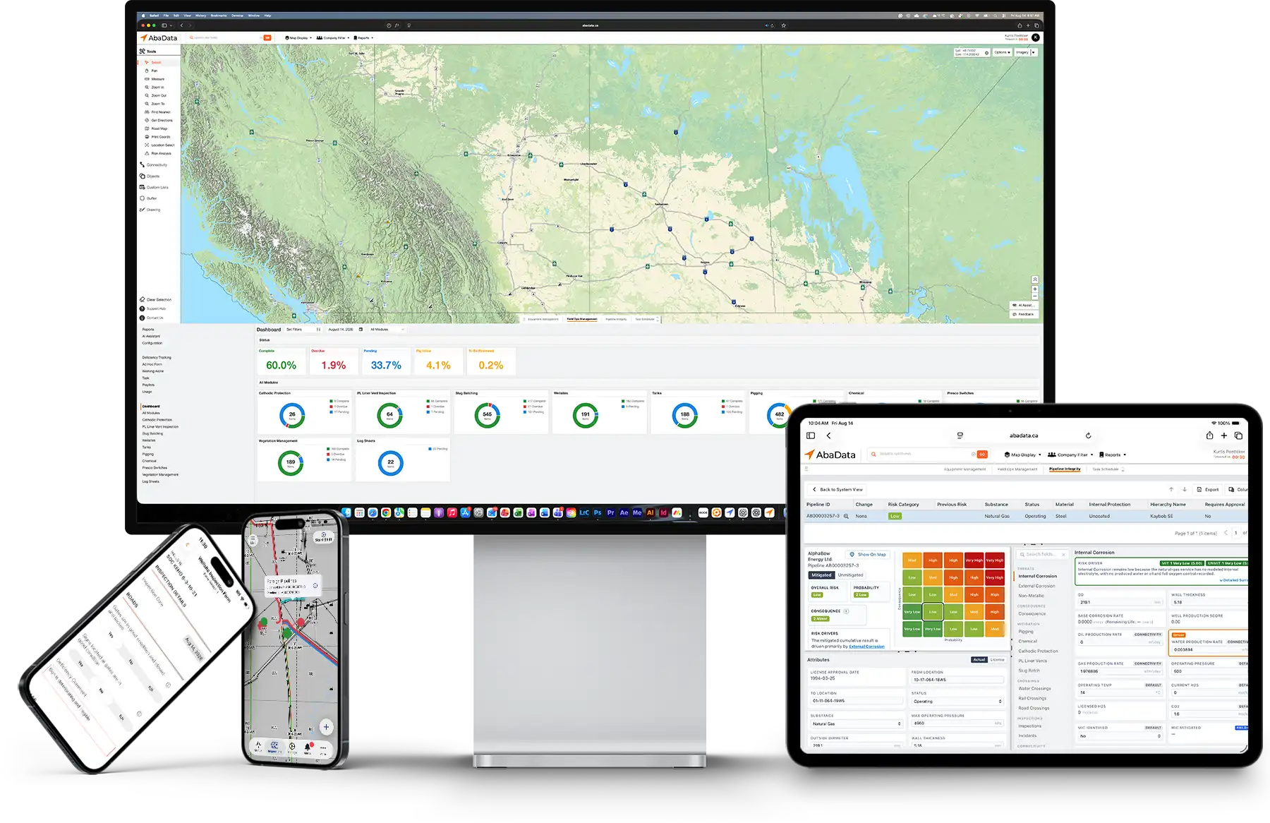 AbaData All-In-One Apps Multiple Devices Mockup 2026 showing AbaData maps with a split screen Field ops dashboard overview on a large desktop display. Two iPhones showing the user interface of AbaData Field Ops mobile, showing an inspection and map view of inventories. And an iPad showing the detailed analysis of a pipeline integrity report and risk analysis.