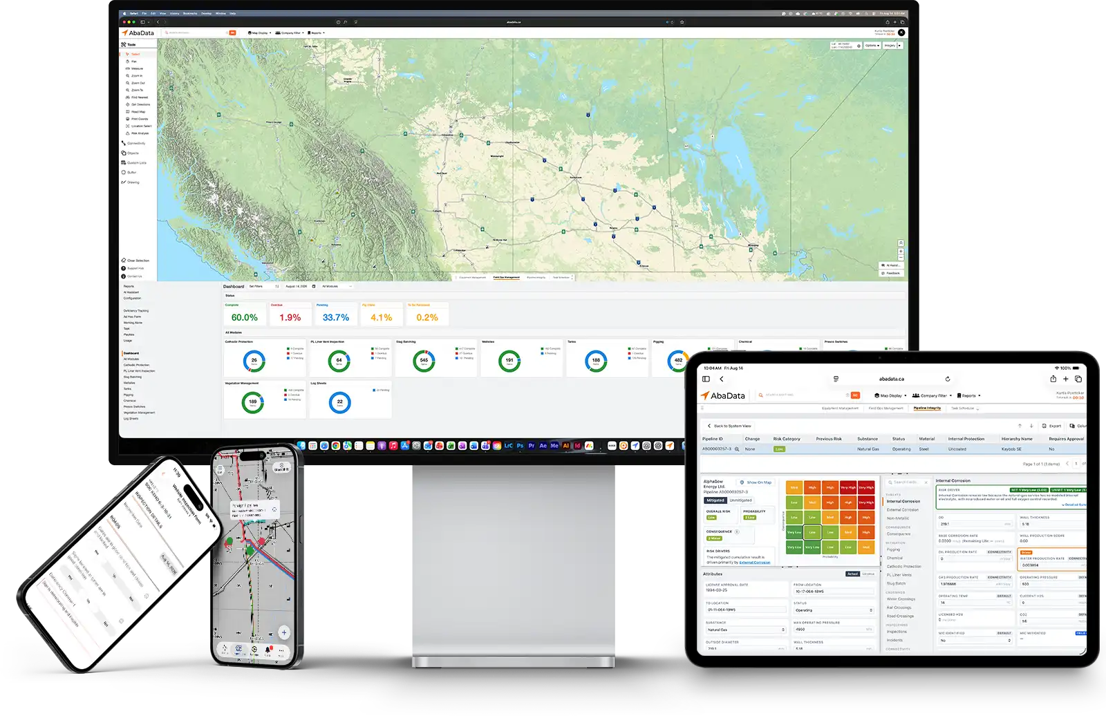 AbaData All-In-One Apps Multiple Devices Mockup 2026 showing AbaData maps with a split screen Field ops dashboard overview on a large desktop display. Two iPhones showing the user interface of AbaData Field Ops mobile, showing an inspection and map view of inventories. And an iPad showing the detailed analysis of a pipeline integrity report and risk analysis.