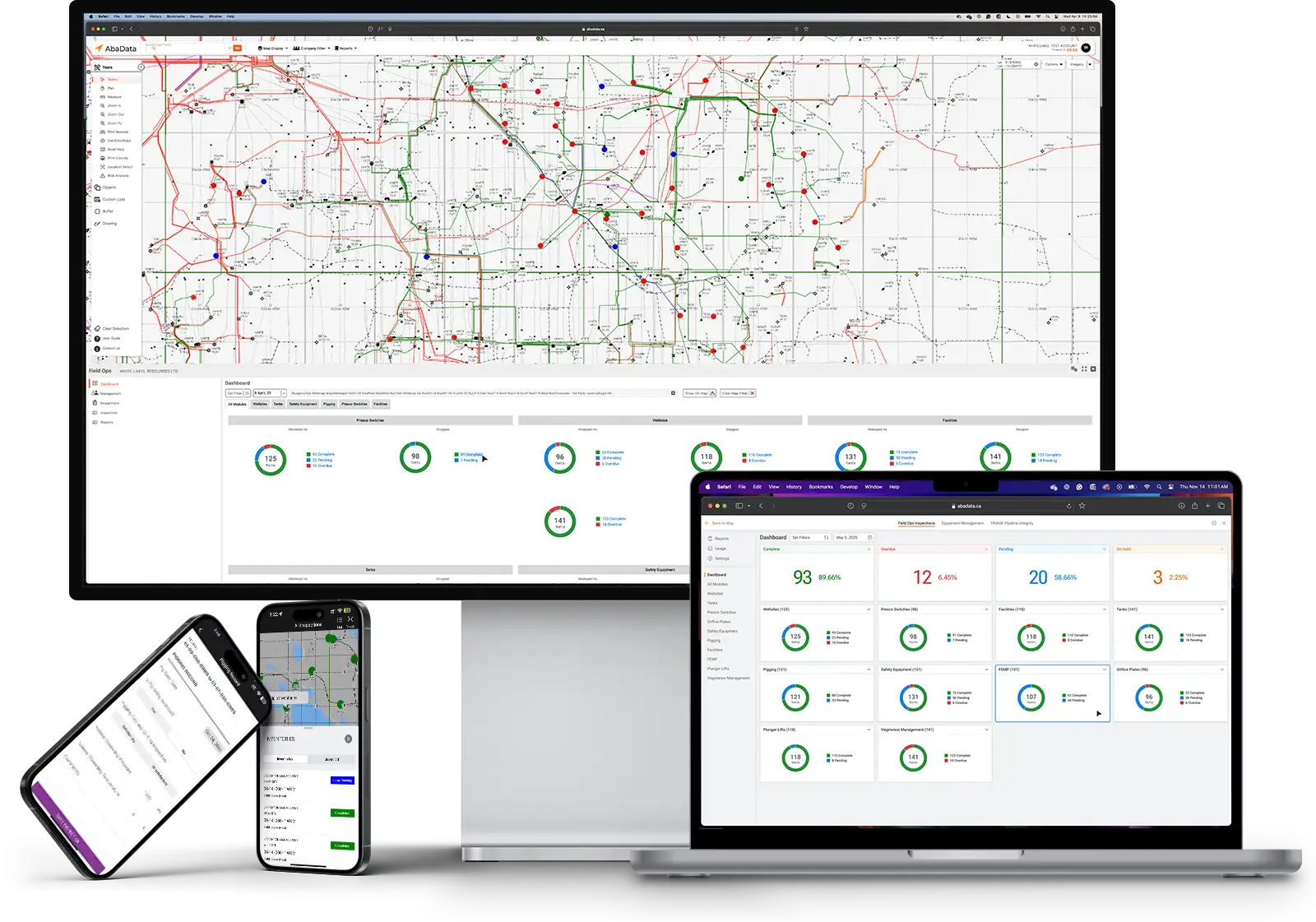 AbaData Field Ops running on a mobile phone, laptop, and large desktop depicting both the mobile field operations app complete with an offline map and field inspection, as well as desktop reporting and analytics
