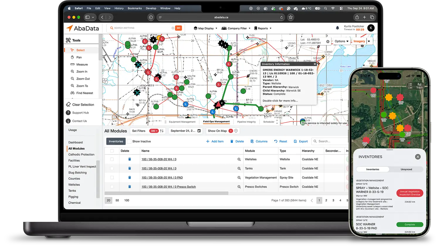 AbaData Field Ops Vegetation Management Desktop Dashboard and Mobile App Interface Mockup