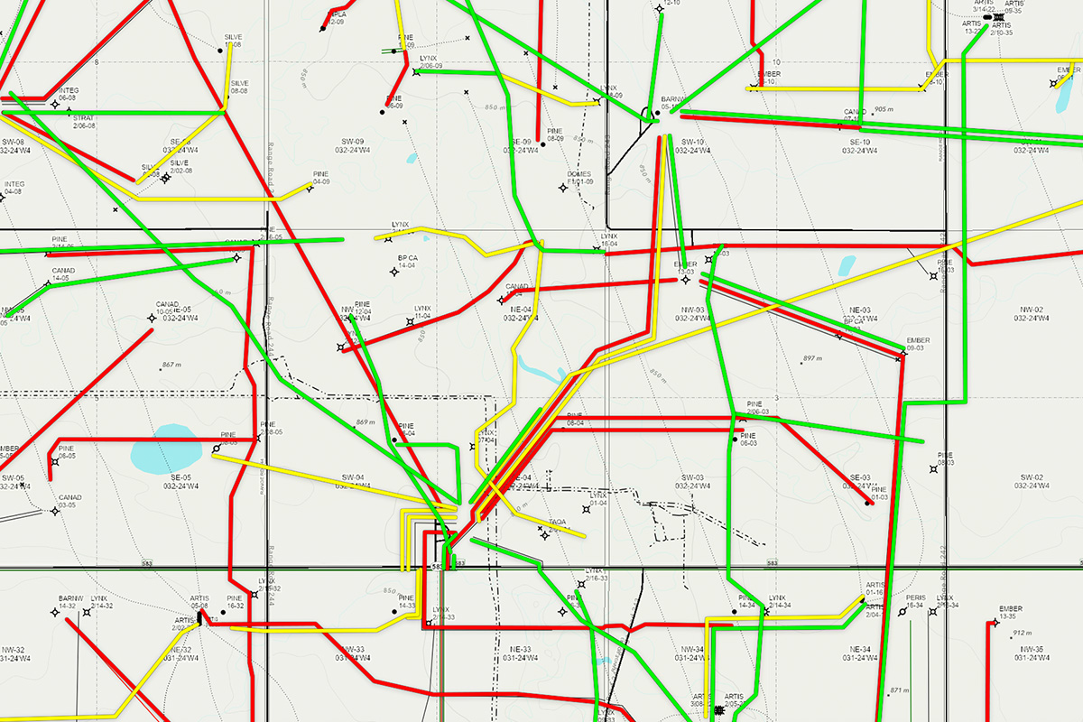 A screenshot of AbaData TIRAGE Pipeline Integrity showing pipelines highlighted by colour, indicating their risk score overlaid on AbaData's thorough mapping interface.