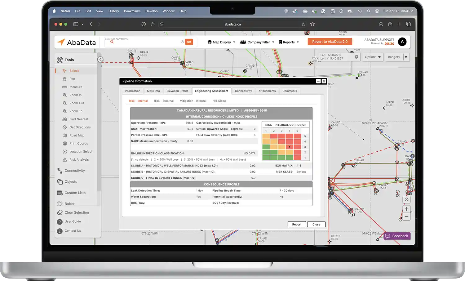 A preview of AbaData TIRAGE Pipeline Integrity showing the app in use on a laptop device, showing a risk assessment matrix for a specific pipeline overlayed on AbaData's thorough mapping interface.