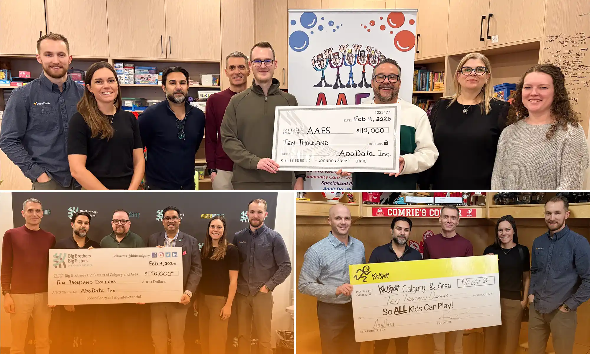 AbaData Users Raise $30,000 for Local Charities Featured Image showing collage of photos of cheque deliveries to Big Brothers Big Sisters, AAFS, and KidSport